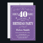 40th Birthday Invitation Purple and White<br><div class="desc">40th Birthday Invitation Purple and White Typography. Purple and White Background. Adult Birthday. Male Men or Women Birthday. Kids Boy or Girl Lady Teen Teenage Bday Invite. 13th 15th 16th 18th 20th 21st 30th 40th 50th 60th 70th 80th 90th 100th. Any Age. For further customisation, please click the "Customise it"...</div>