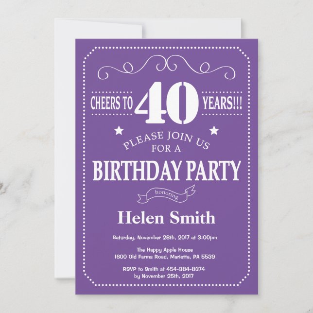 40th Birthday Invitation Purple and White (Front)