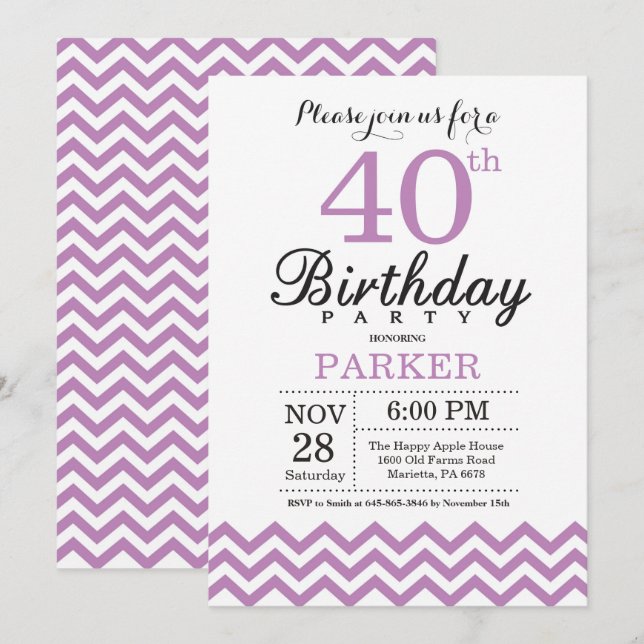 40th Birthday Invitation Purple Chevron (Front/Back)