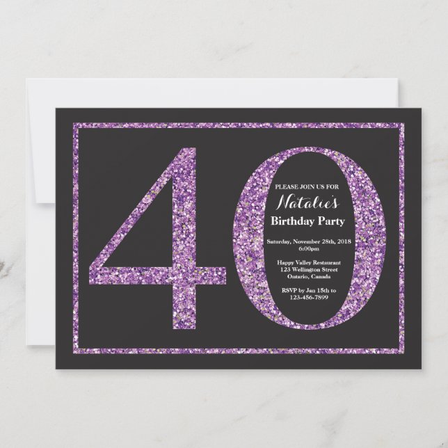 40th Birthday Invitation Purple Glitter Chalkboard (Front)