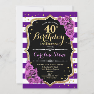 40th Birthday Invitation Purple Gold With Roses