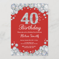 40th Birthday Invitation Red and Silver Diamond