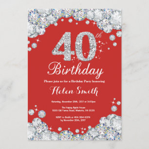 40th Birthday Invitation Red and Silver Diamond
