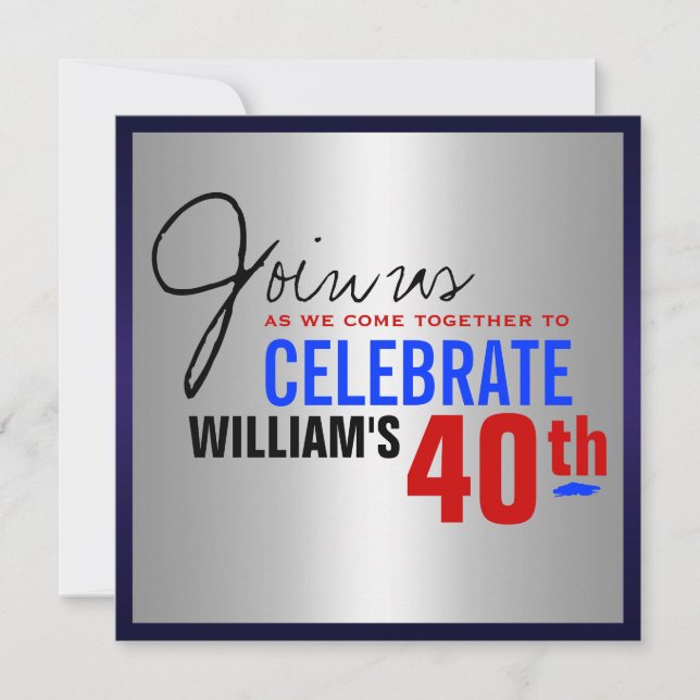 40th Birthday Invitation - Red Silver Blue (Front)