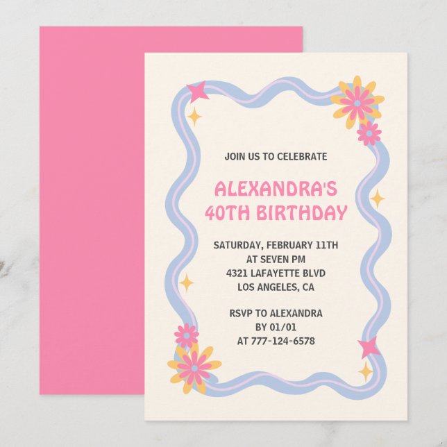 40th birthday invitation Retro Groovy Pink Flowers (Front/Back)