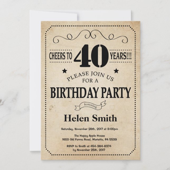 40th Birthday Invitation Rustic Vintage Retro (Front)