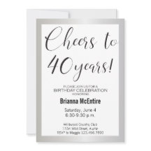 40th Birthday Invitation Silver Black Modern 