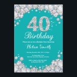 40th Birthday Invitation Teal and Silver Diamond<br><div class="desc">40th Birthday Invitation. Teal and Silver Rhinestone Diamond Teal Turquoise Aqua Background. Elegant Birthday Bash invite. Adult Birthday. Women Birthday. Men Birthday. For further customisation,  please click the "Customise it" button and use our design tool to modify this template.</div>
