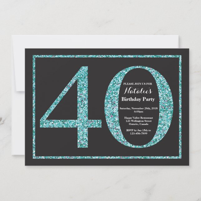 40th Birthday Invitation Teal Glitter Chalkboard (Front)