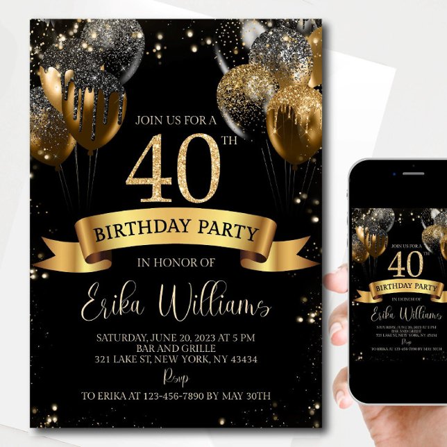 40th Birthday Invitation Template: Black Gold Ball (Creator Uploaded)