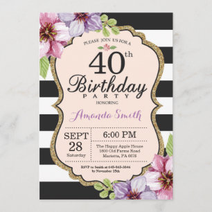 40th Birthday Invitation Women. Floral Gold Black