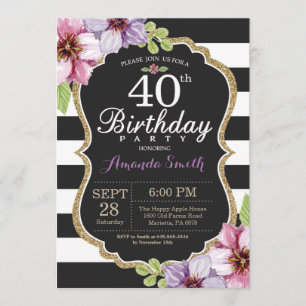40th Birthday Invitation Women. Floral Gold Black
