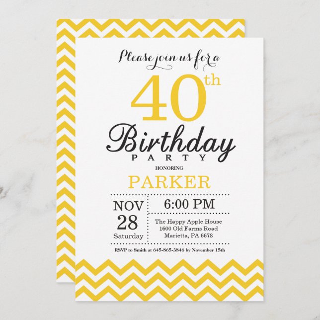 40th Birthday Invitation Yellow Chevron (Front/Back)
