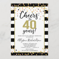 40th birthday invitations, black and gold confetti