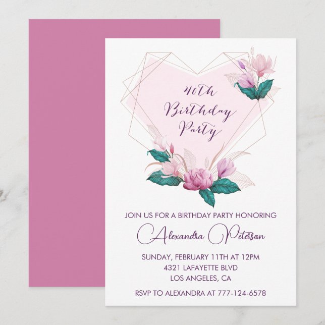 40th birthday invitations Elegant Boho pink (Front/Back)