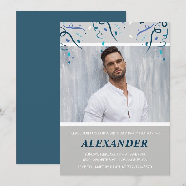 40th birthday invitations Men Confetti Photo Blue (Front/Back)
