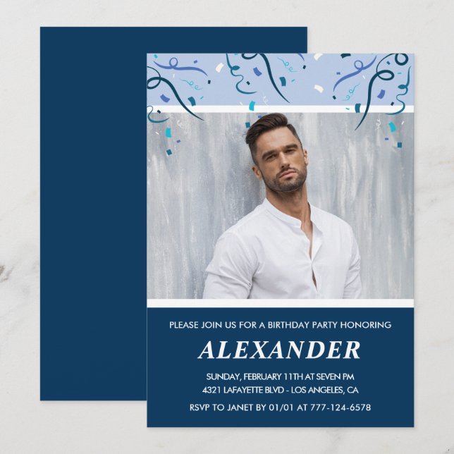 40th birthday invitations Men Photo Navy Blue (Front/Back)