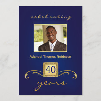 40th Birthday Invitations - Monogram Blue & Gold