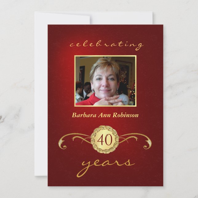 40th Birthday Invitations - Red & Gold Monogram (Front)