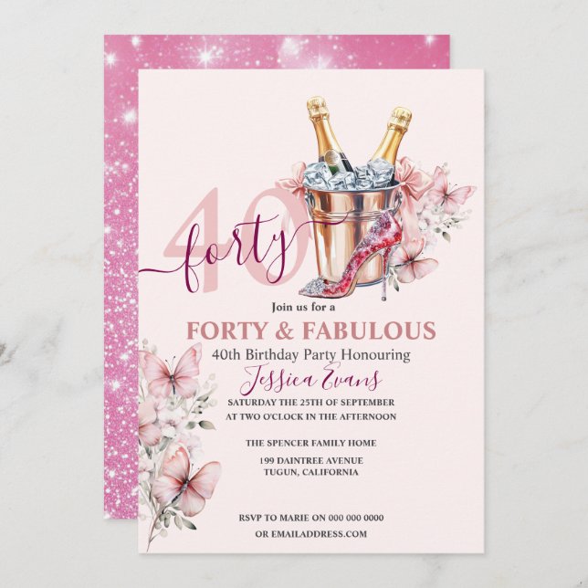 40th Birthday invitations Rose Gold Elegant Pink (Front/Back)