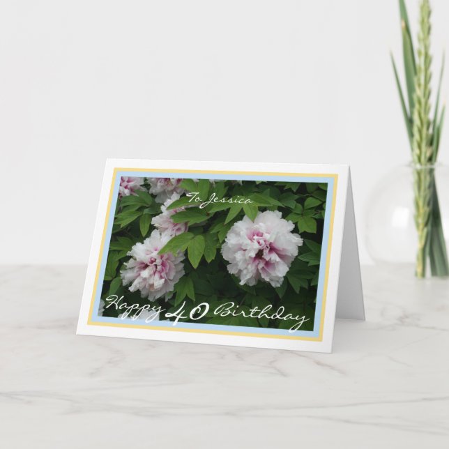 40th Birthday Jessica Peonies Modern Golden Frame Card (Front)