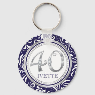 40th Birthday Key Chain-Navy Blue & Silver Ring