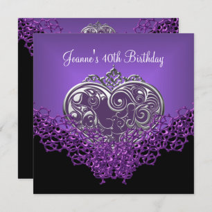 40th Birthday Lace Black Silver Deep Purple Heart Invitation