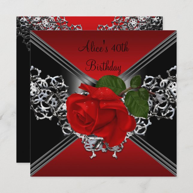 40th Birthday Lace Black White Silver RED Rose Invitation (Front/Back)