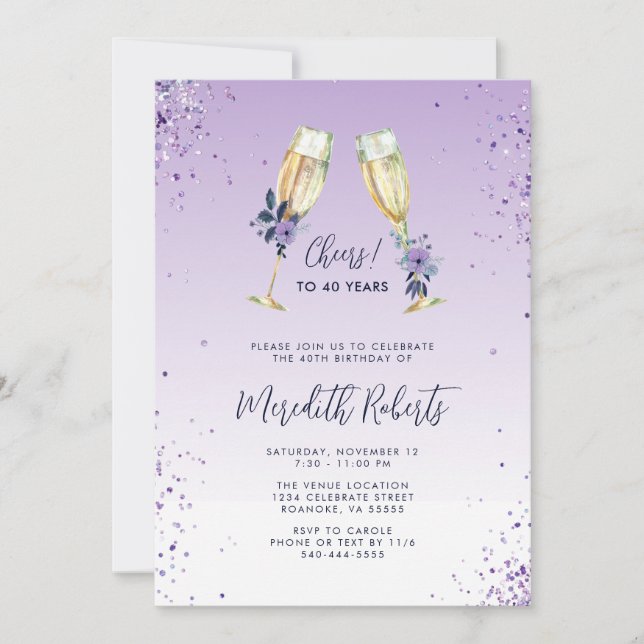 40th Birthday Lavender Ombre Champagne Toast Party Invitation (Front)