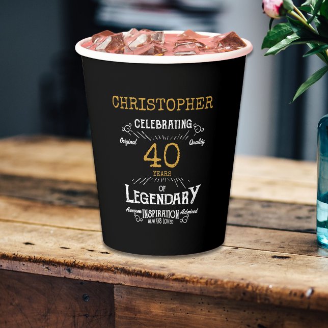 40th Birthday Legendary Black Gold Retro Paper Cups (For those celebrating their 40th birthday we have the ideal birthday party cups)