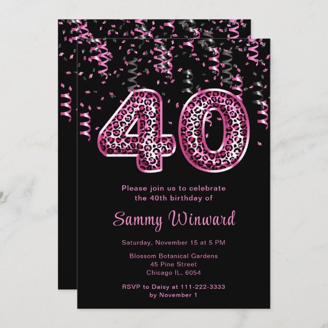 40th Birthday Leopard Print Balloons with Confetti Invitation (Front/Back)