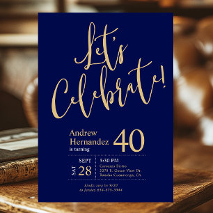 40th Birthday Let's Celebrate Navy Blue Gold Photo Invitation