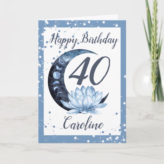 40th Birthday Lotus Flower Blue Card (Front)