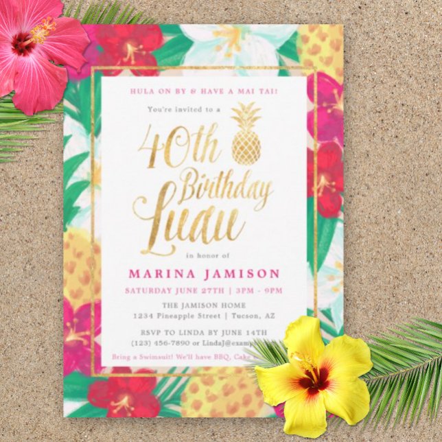 40th Birthday Luau Invitations | Pink & Gold (40th Birthday Luau Party Invitation)