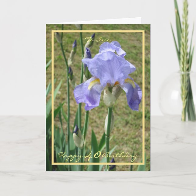 40th Birthday Mauve Iris Name Flower Golden Frame Card (Front)