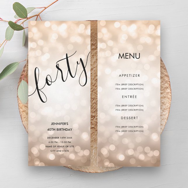 40th Birthday Menu Rose Gold Glitter Lights Invitation (40th Birthday Menu Rose Gold Glitter Lights Invitation)