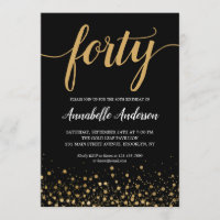 40th Birthday Modern Black Gold Confetti Script
