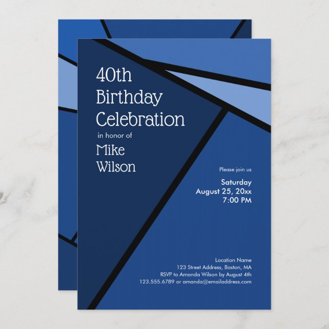 40th Birthday Modern Blue Geometric Shapes Invitation (Front/Back)