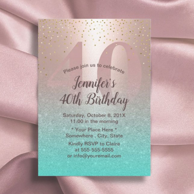 40th Birthday Modern Blush Rose Gold Aqua Teal Invitation (Creator Uploaded)