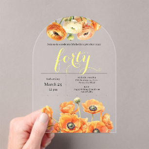 40th Birthday Modern Garden Orange White Flowers Acrylic Invitations