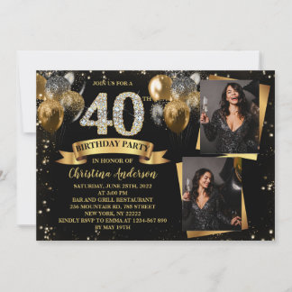 40th Birthday Modern Gold Glitter Balloons 2 Photo Invitation