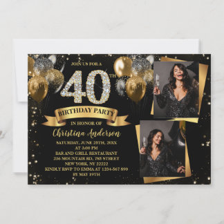 40th Birthday Modern Gold Glitter Balloons 2 Photo Invitation