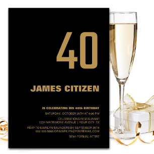 40th Birthday Modern Minimalist Black Gold Party Invitation