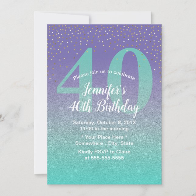 40th Birthday Modern Teal & Purple Glitter Ombre Invitation (Front)
