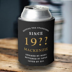 40th Birthday Monogram Name Year Black Gold Can Cooler