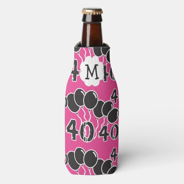 40th Birthday Monogram PINK BLACK Personalised Bottle Cooler (Bottle Front)