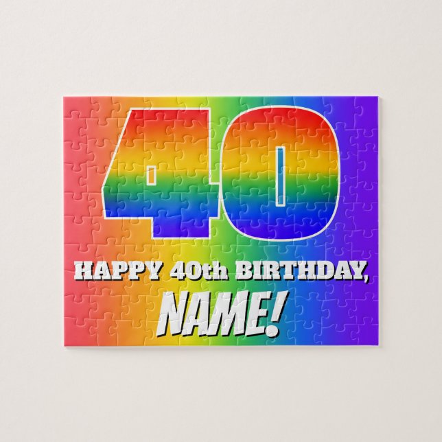 40th Birthday — Multicolored Rainbow Pattern “40” Jigsaw Puzzle (Horizontal)