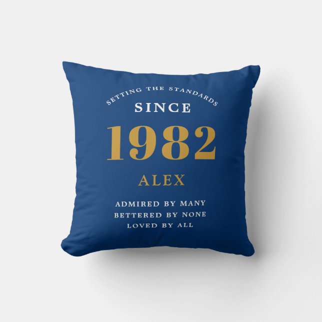 40th Birthday Name 1982 Blue Gold Elegant Chic Cushion (Front)