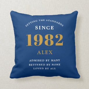 40th Birthday Name 1982 Blue Gold Elegant Chic Cushion