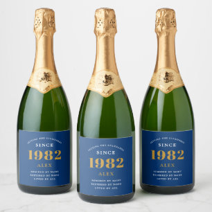 40th Birthday Name 1982 Blue Gold Elegant Chic Sparkling Wine Label
